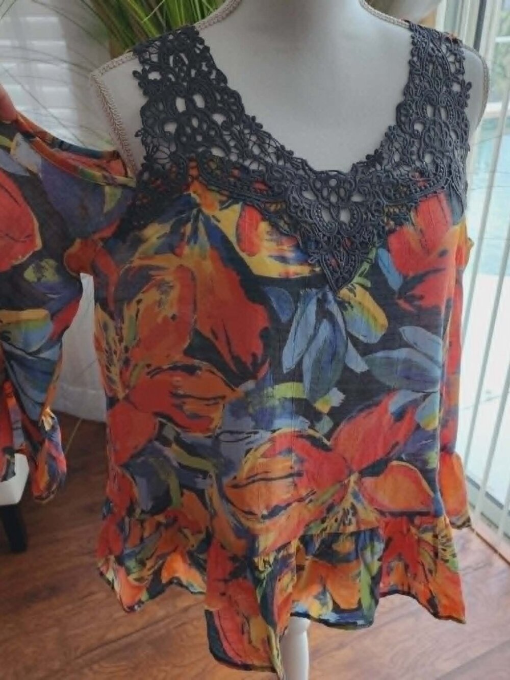 Spense floral chiffon blouse bell sleeve lace neck top